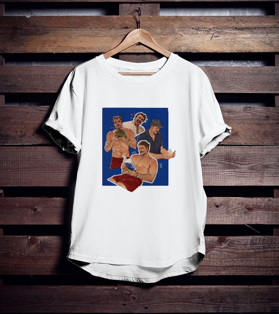 Pedro Pascal Humorous Illustrated Collage Reading And Relaxing Moments T-Shirt