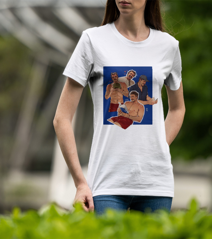 Pedro Pascal Humorous Illustrated Collage Reading And Relaxing Moments T-Shirt