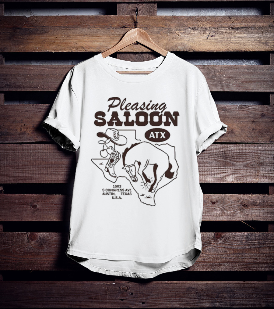 Pleasing Saloon ATX 1603 S Congress Ave Austin Texas USA Cowboy And Bull Texas Outline T-Shirt