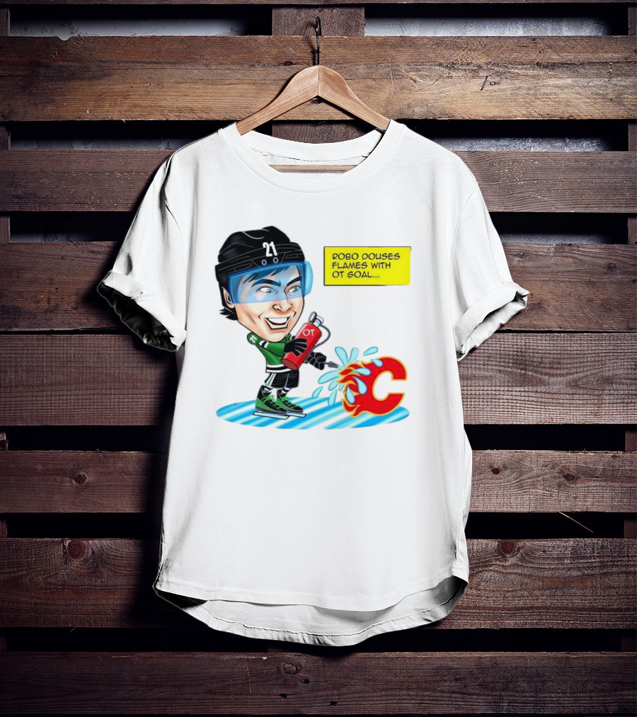 Robo Douses Flames With OT Goal Hockey Player Cartoon Extinguishing Calgary Flame Logo T-Shirt