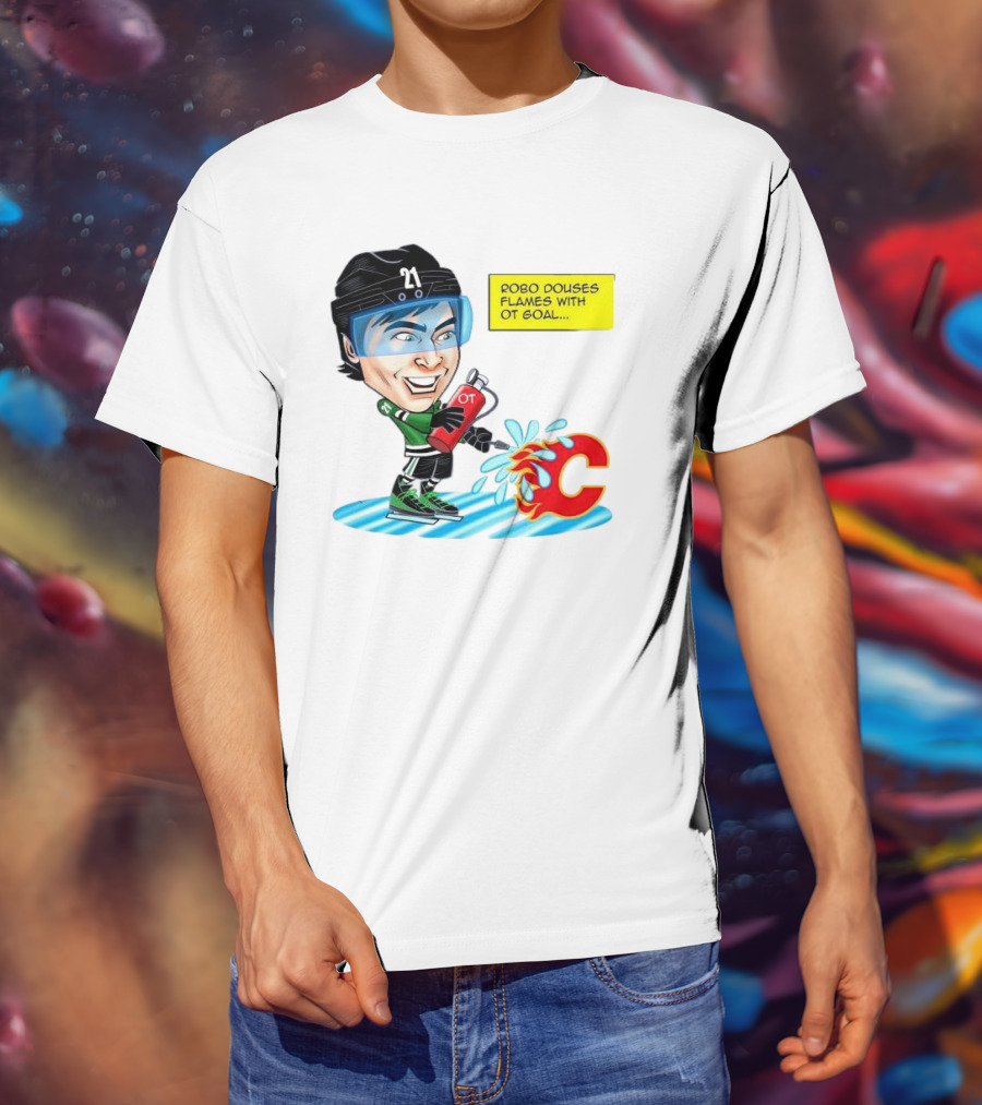 Robo Douses Flames With OT Goal Hockey Player Cartoon Extinguishing Calgary Flame Logo T-Shirt