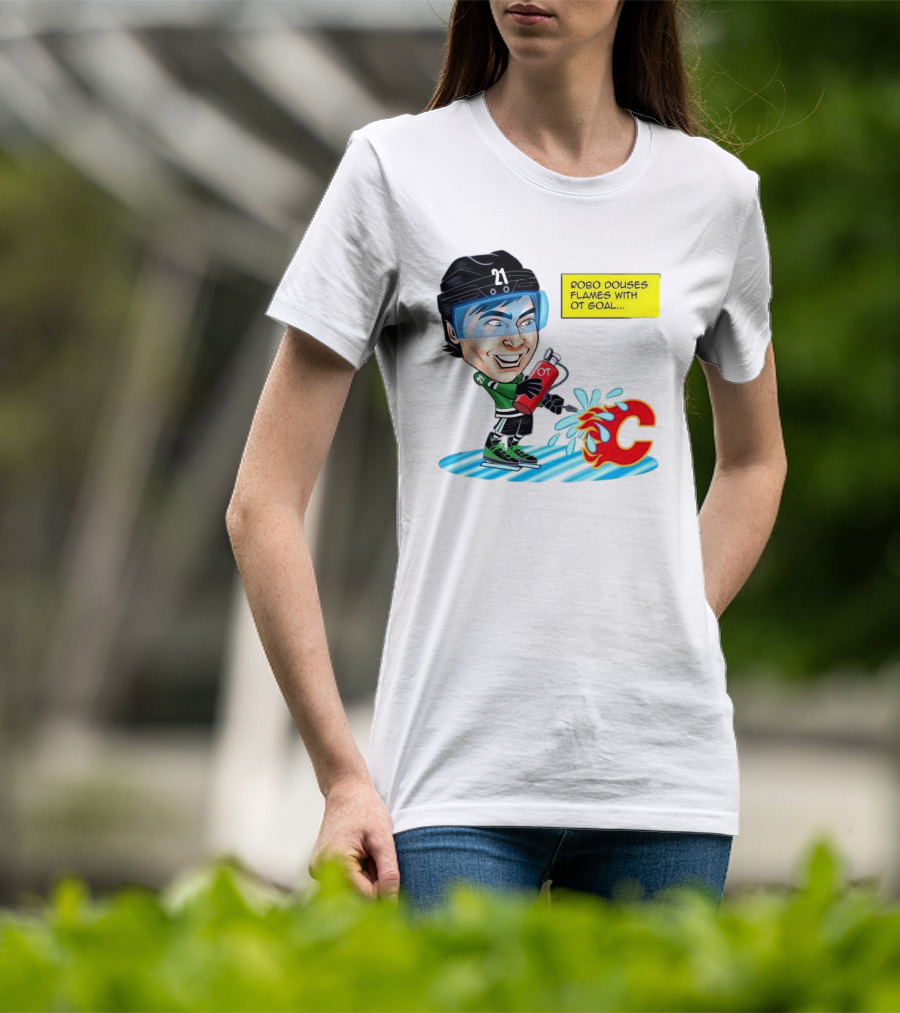 Robo Douses Flames With OT Goal Hockey Player Cartoon Extinguishing Calgary Flame Logo T-Shirt