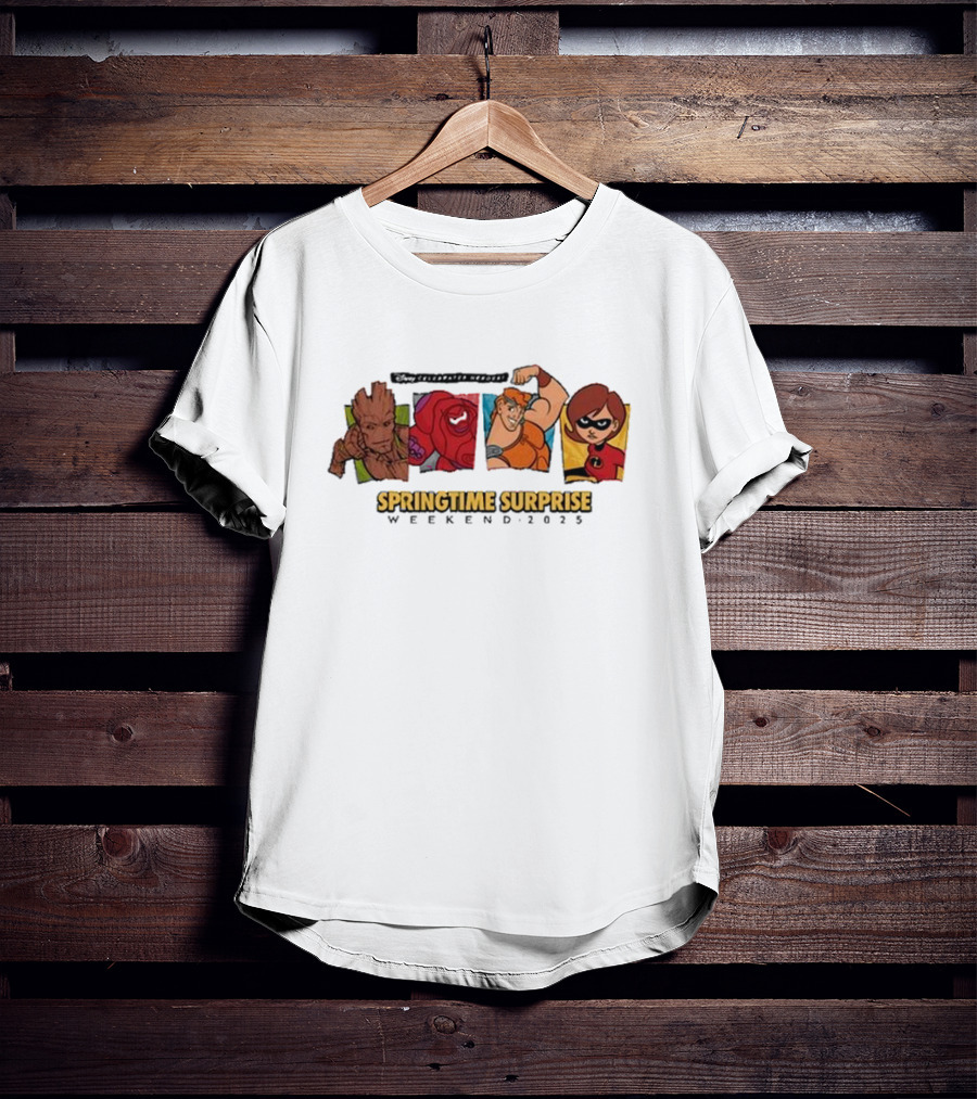 Run Disney Springtime Surprise Weekend 2025 Groot Baymax Hercules Elastigirl T-Shirt