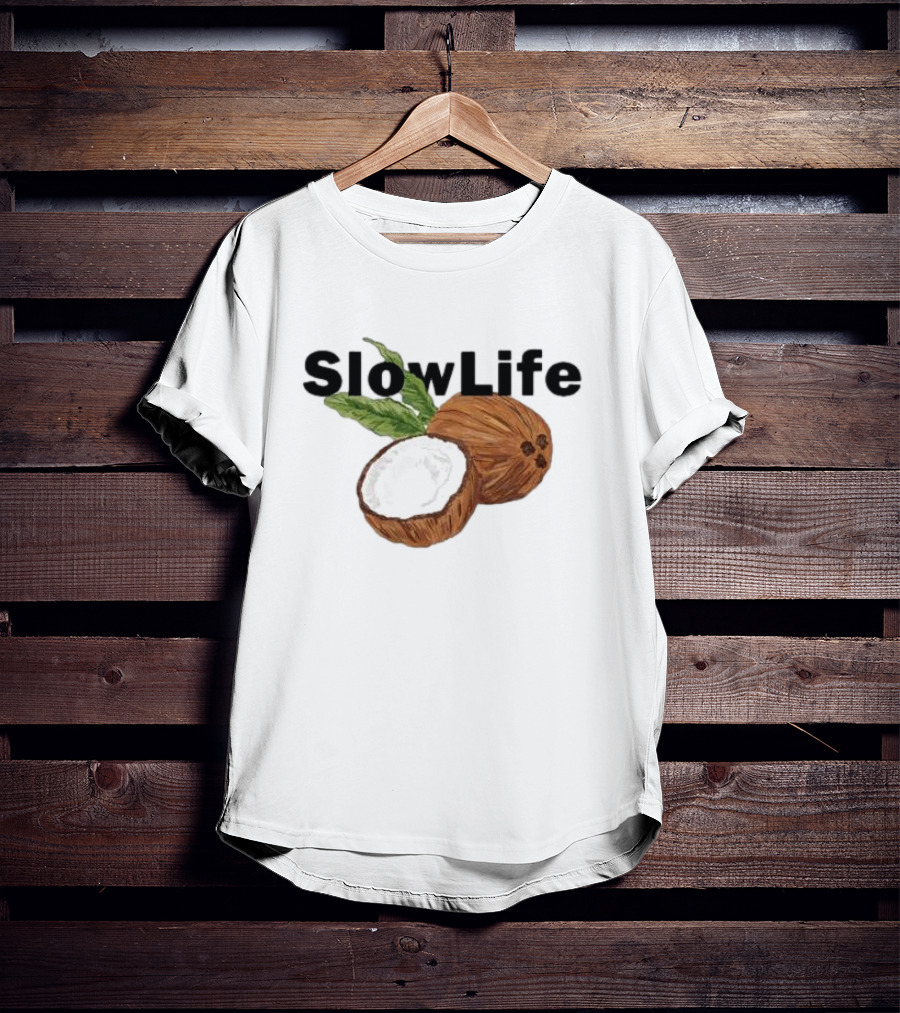 Slow Life Coconut Illustration With Text And Leaves T-Shirt