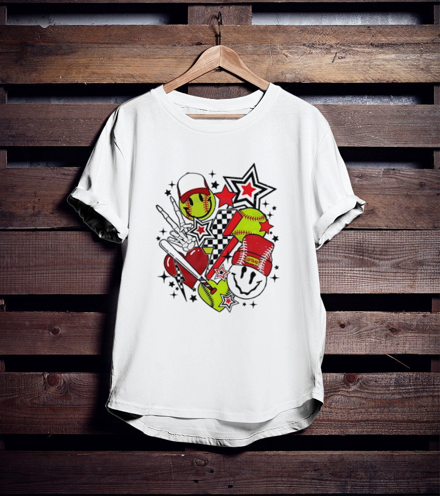 Softball Smiley Face Devil Cap Bats And Stars Retro T-Shirt