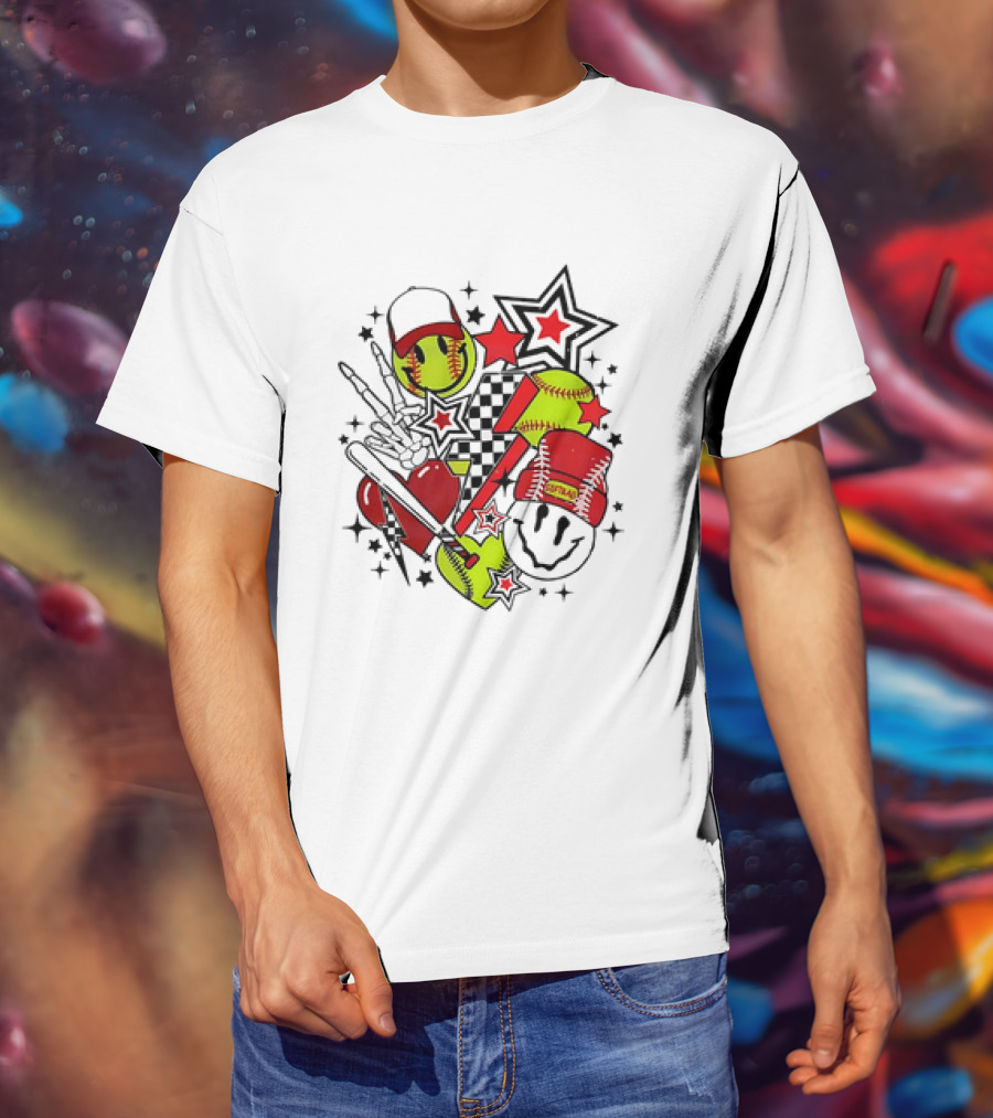 Softball Smiley Face Devil Cap Bats And Stars Retro T-Shirt