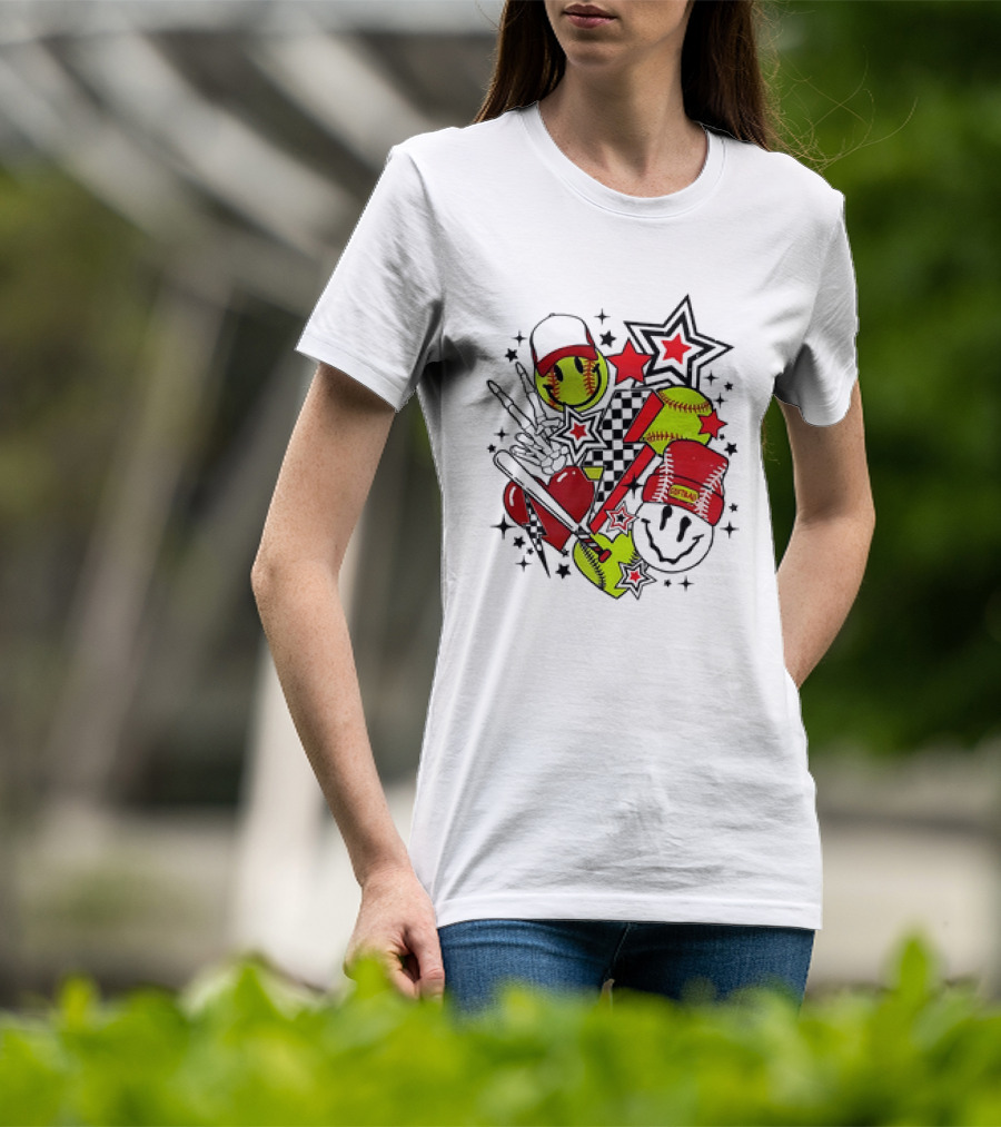 Softball Smiley Face Devil Cap Bats And Stars Retro T-Shirt