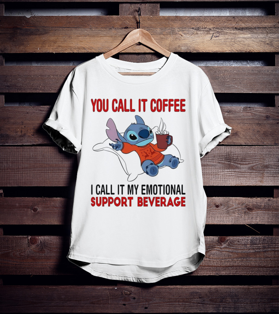 Stitch You Call It Coffee I Call It My Emotional Support Beverage Blue Alien Character With Hot Drink In Red Sweater T-Shirt