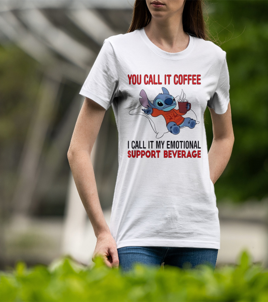 Stitch You Call It Coffee I Call It My Emotional Support Beverage Blue Alien Character With Hot Drink In Red Sweater T-Shirt