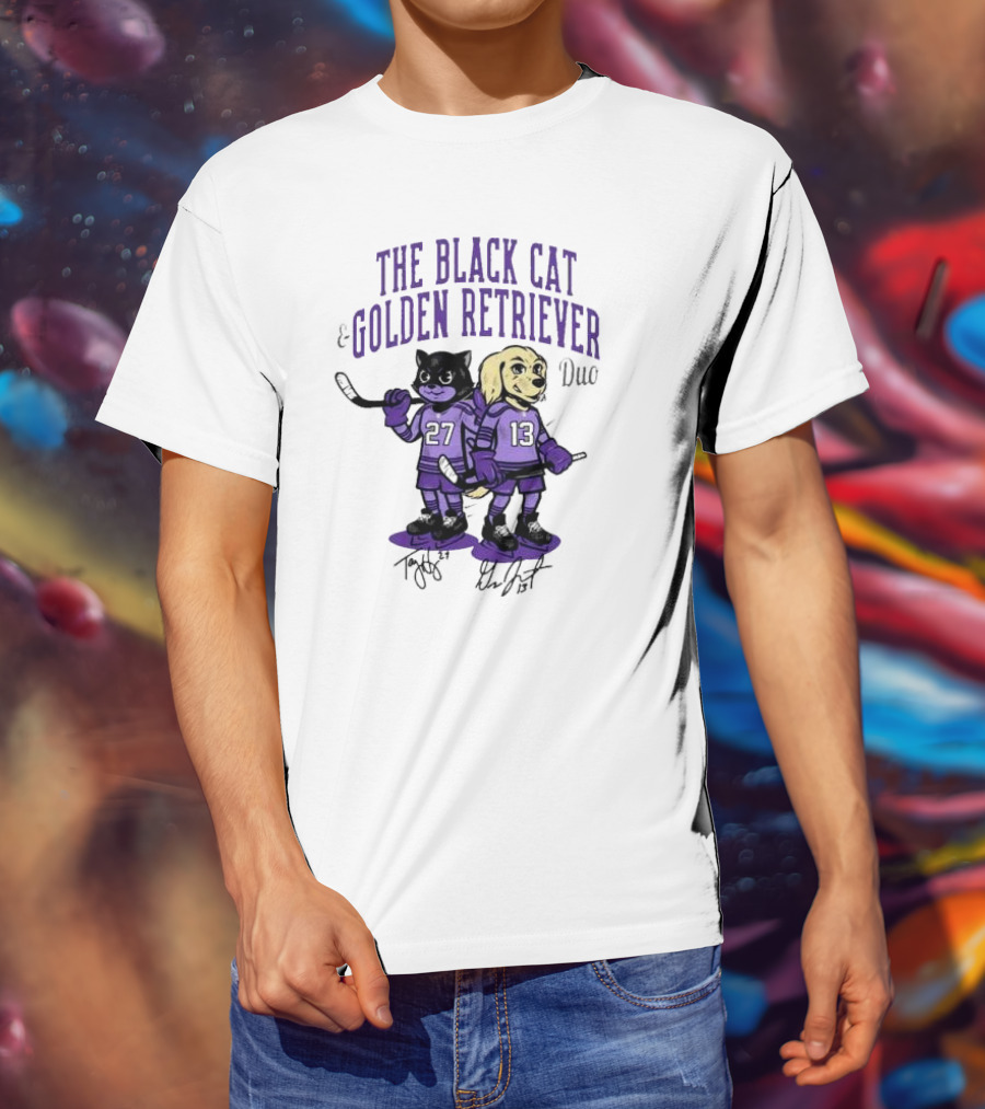The Black Cat Golden Retriever 27 13 Hockey Duo T-Shirt