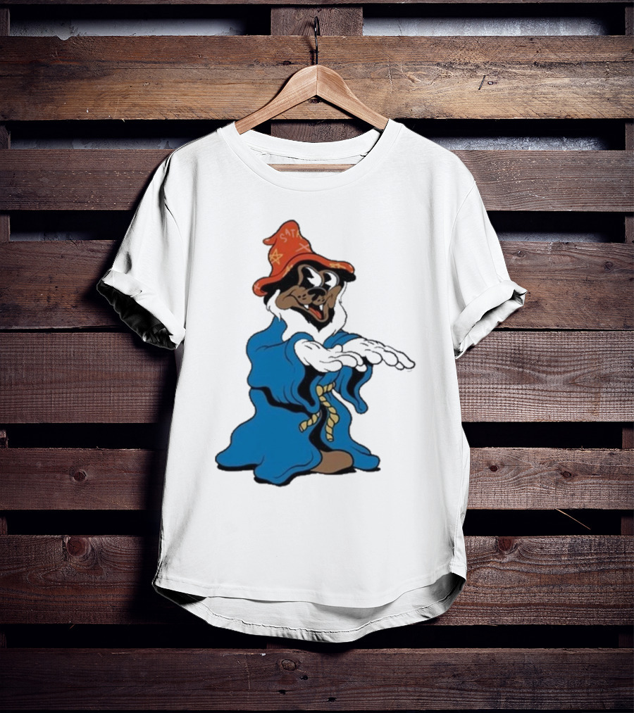 The Dudes It’s All Wavy Wizard Dog In Blue Robe With Orange Star Hat T-Shirt
