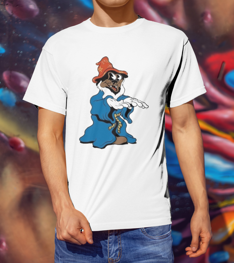 The Dudes It’s All Wavy Wizard Dog In Blue Robe With Orange Star Hat T-Shirt