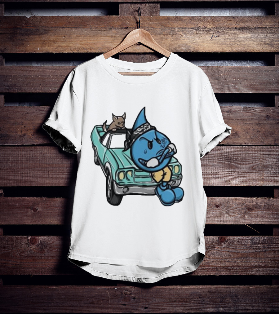 Thornhill Bat White Blue Cartoon Character With Dog In Classic Car T-Shirt