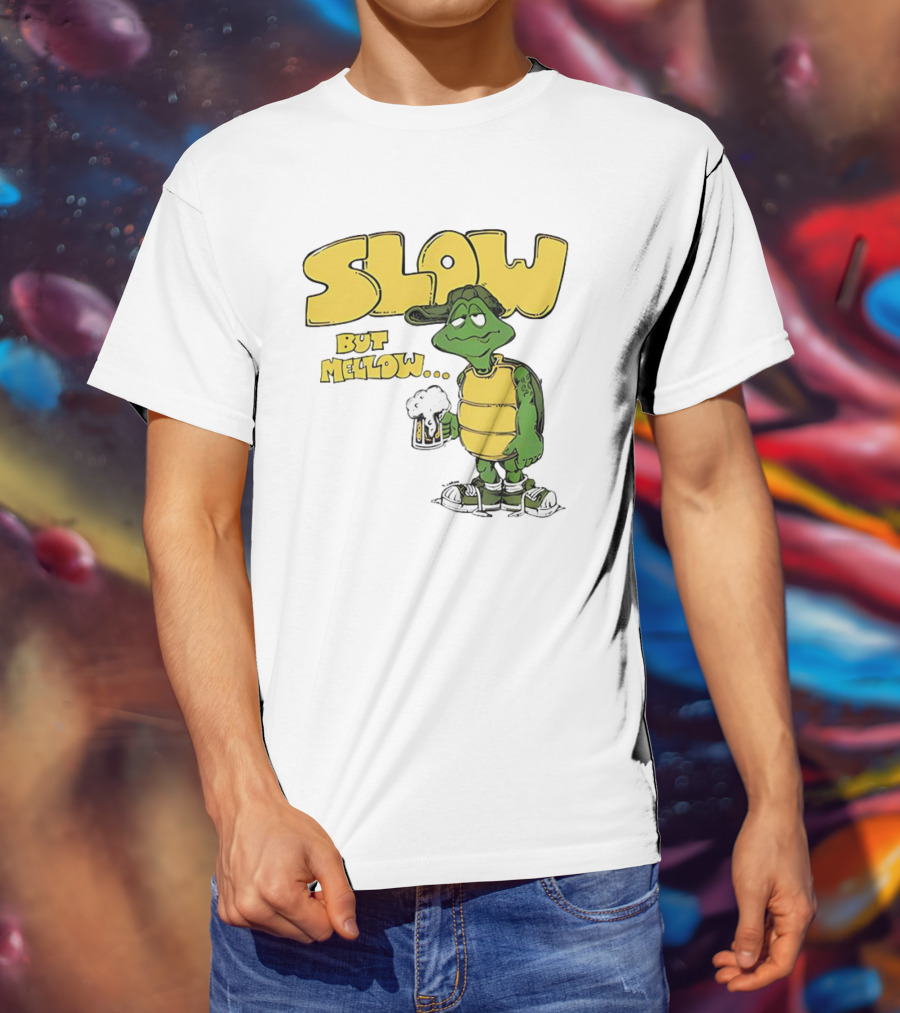 Slow But Mellow Turtle With Beer Retro Vintage 70s Style T-Shirt