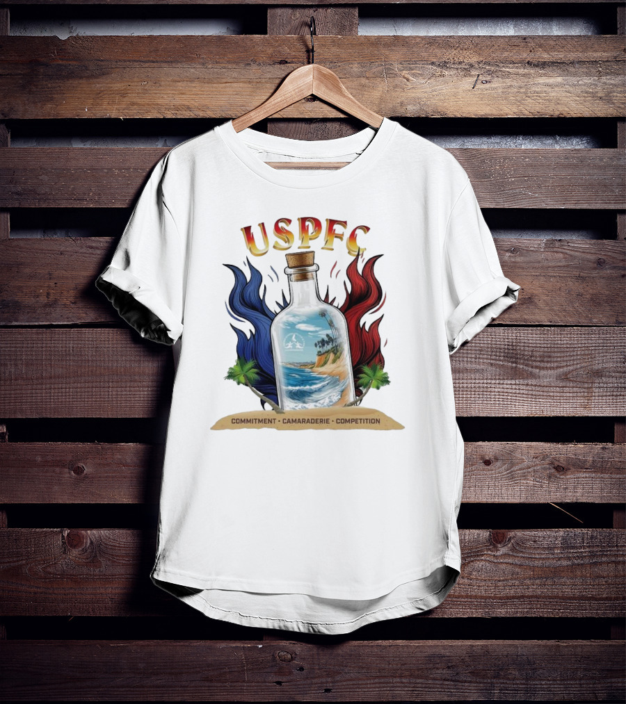 USPFC Commitment Camaraderie Competition Coastal Scenic Bottle Design T-Shirt
