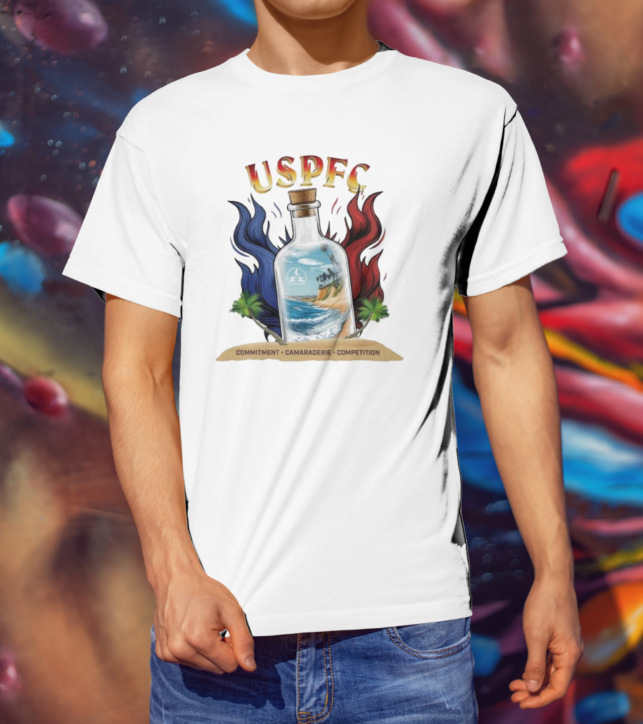 USPFC Commitment Camaraderie Competition Coastal Scenic Bottle Design T-Shirt