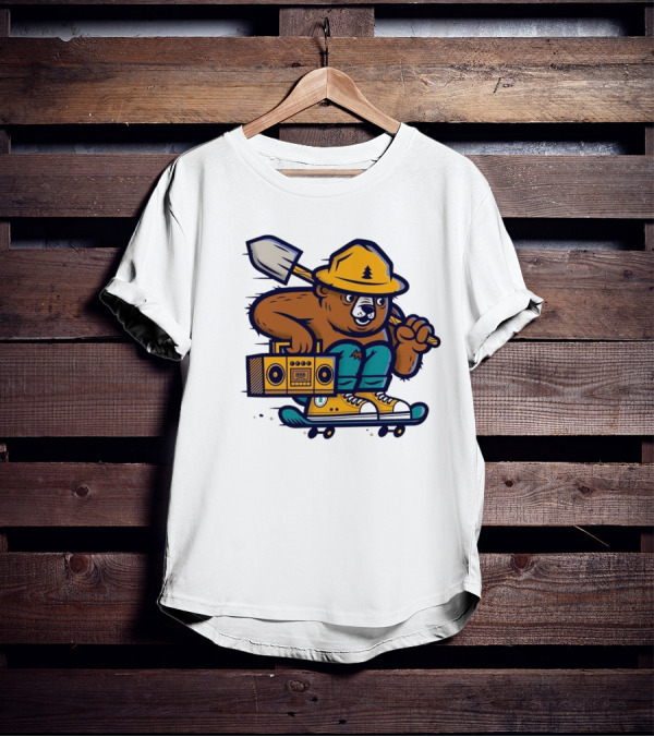 ```Wildfire Relief Bear Skateboarding With Boombox And Shovel``` T-Shirt