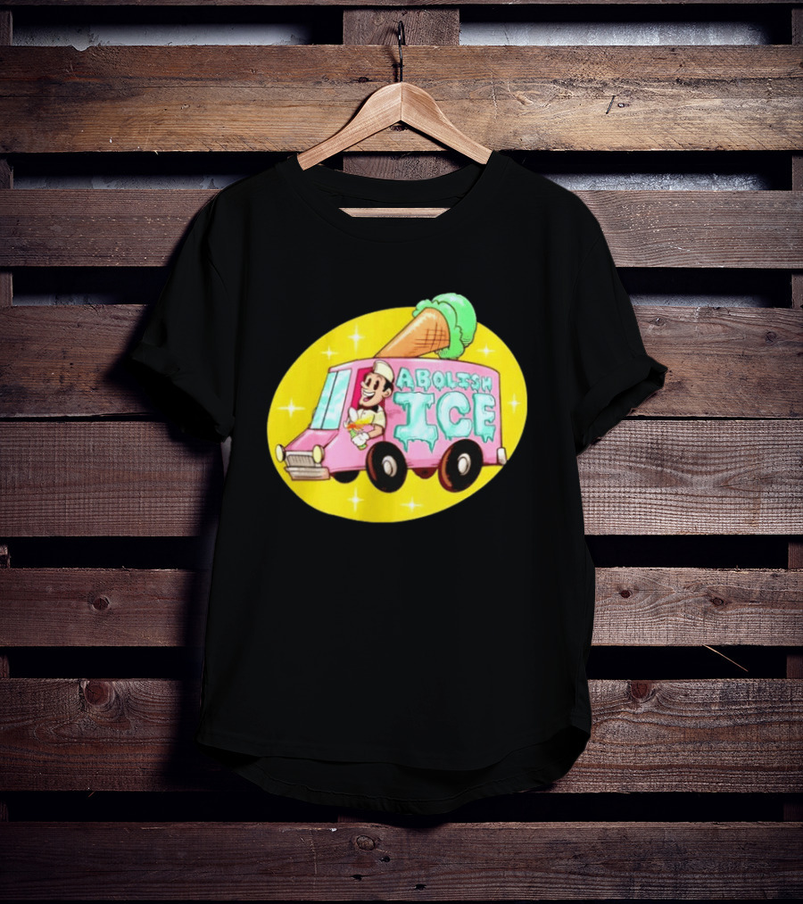Abolish Ice Pink Ice Cream Truck With Melting Cone On Yellow T-Shirt