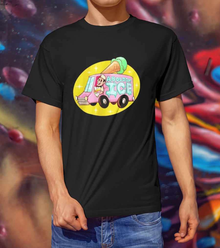 Abolish Ice Pink Ice Cream Truck With Melting Cone On Yellow T-Shirt
