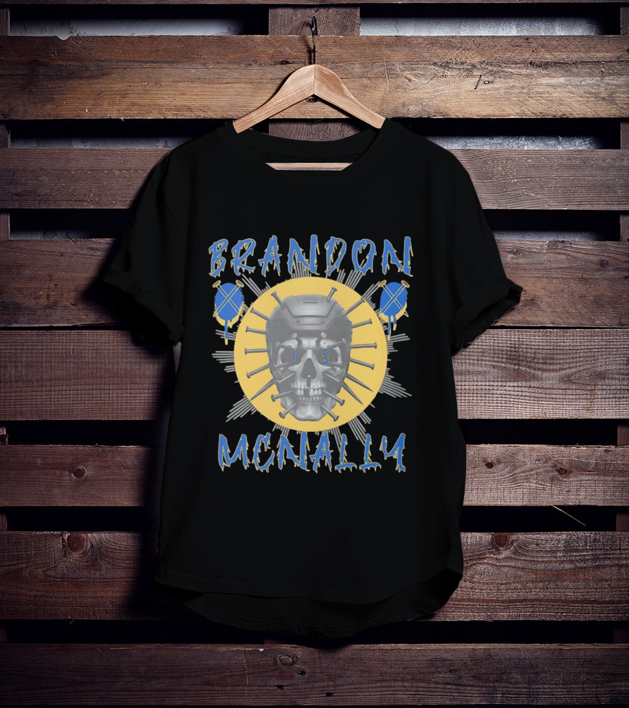 Brandon McNally Hockey Skull 15 Helmet Nails Blue Yellow T-Shirt