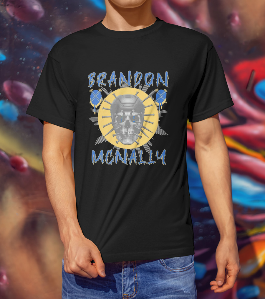 Brandon McNally Hockey Skull 15 Helmet Nails Blue Yellow T-Shirt