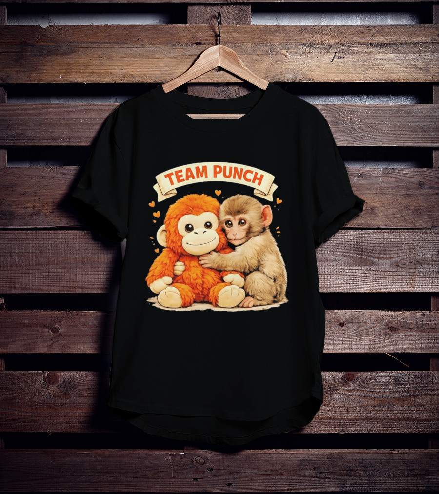 Team Punch Cute Baby Monkey Hugging Orange Plush Toy Charming Japanese Style Hearts T-Shirt