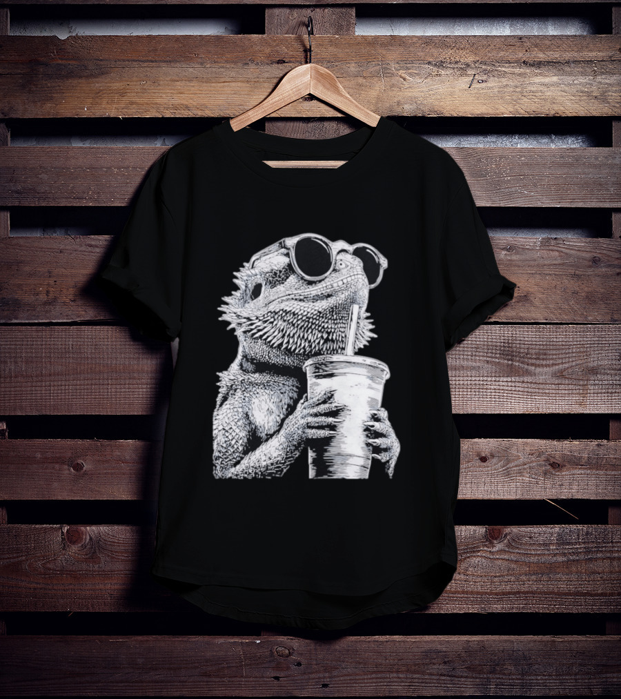 Bearded Dragon With Sunglasses Drinking Iced Coffee T-Shirt