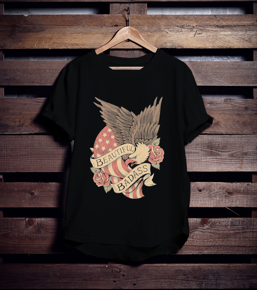 Beautiful Badass Eagle With American Flag And Roses T-Shirt