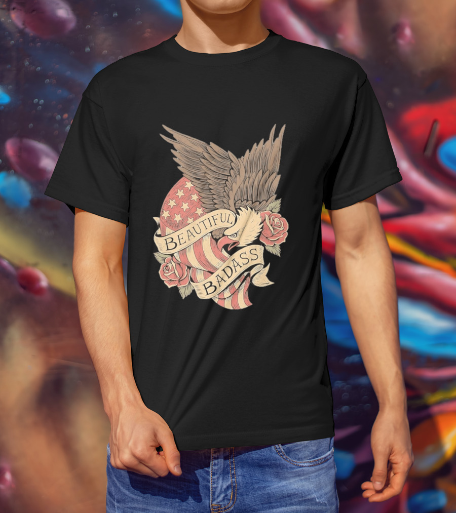 Beautiful Badass Eagle With American Flag And Roses T-Shirt