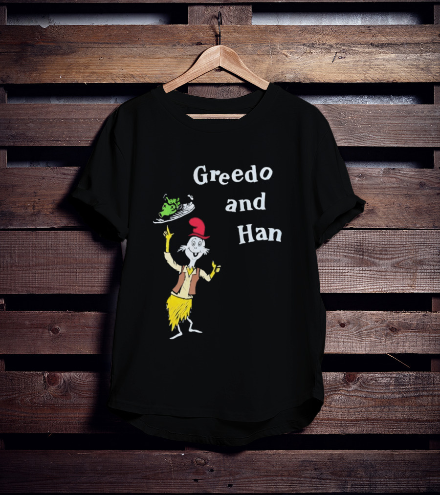 Greedo And Han Whimsical Cartoon Character Balancing Act T-Shirt