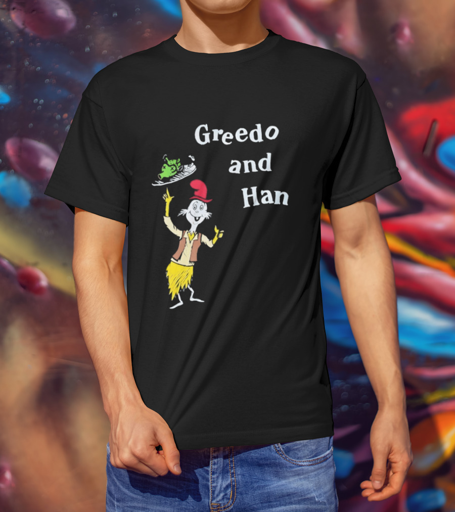 Greedo And Han Whimsical Cartoon Character Balancing Act T-Shirt