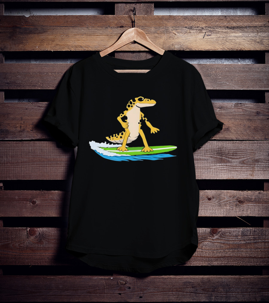Leopard Gecko Yellow Lizard Riding Surfboard T-Shirt
