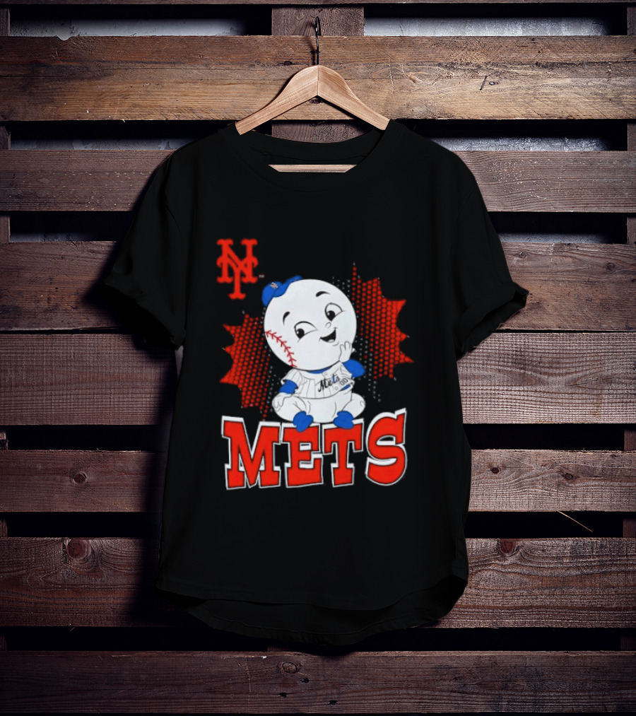 NY Mets Mr. Met Cartoon Character With Baseball And Team T-Shirt