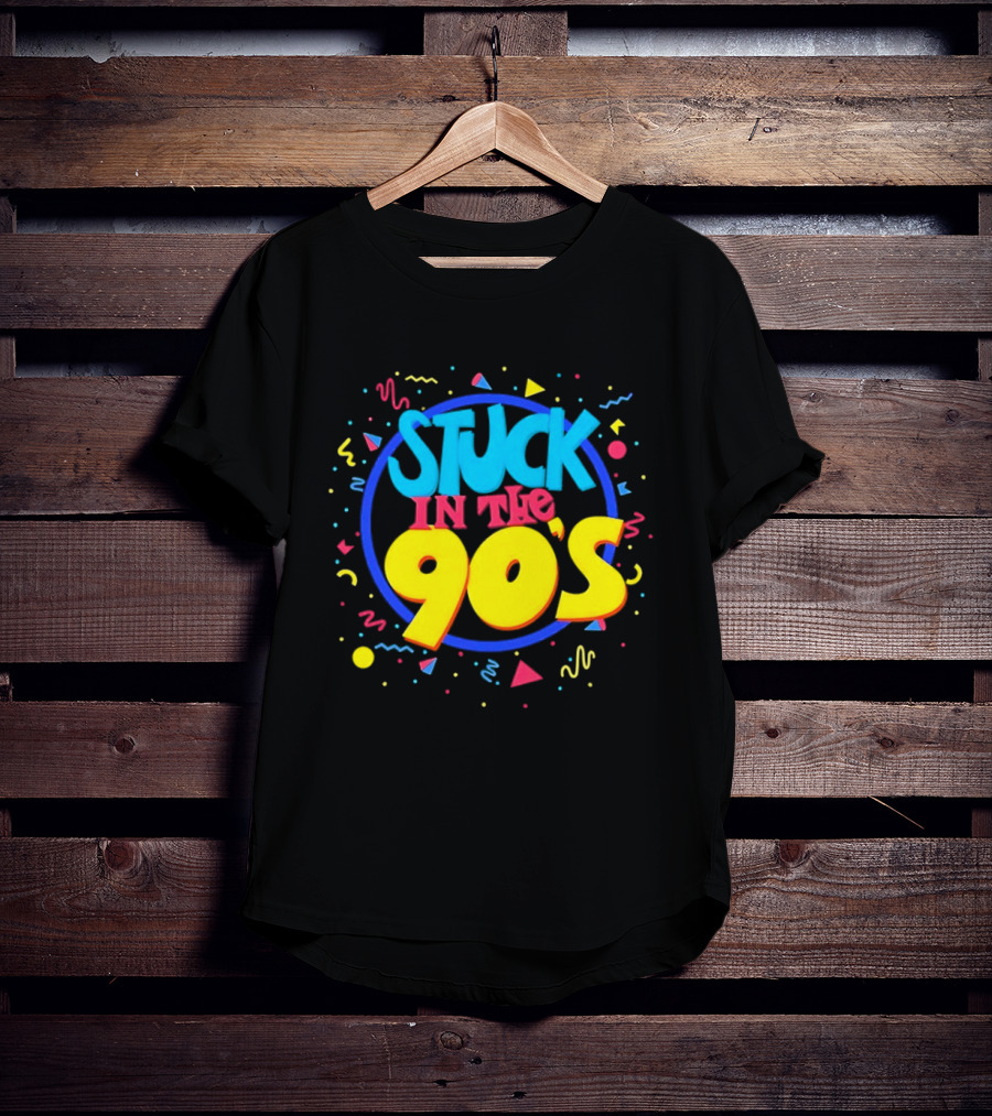 Stuck In The 90s Colorful Retro Vibes With Bold Typography And 90s T-Shirt