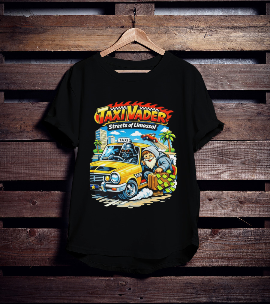 Taxi Vader Streets Of Limassol Adventure With Iconic Characters And Yellow Cab In Cityscape T-Shirt