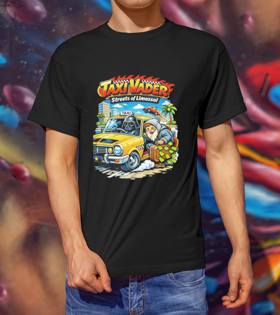 Taxi Vader Streets Of Limassol Adventure With Iconic Characters And Yellow Cab In Cityscape T-Shirt