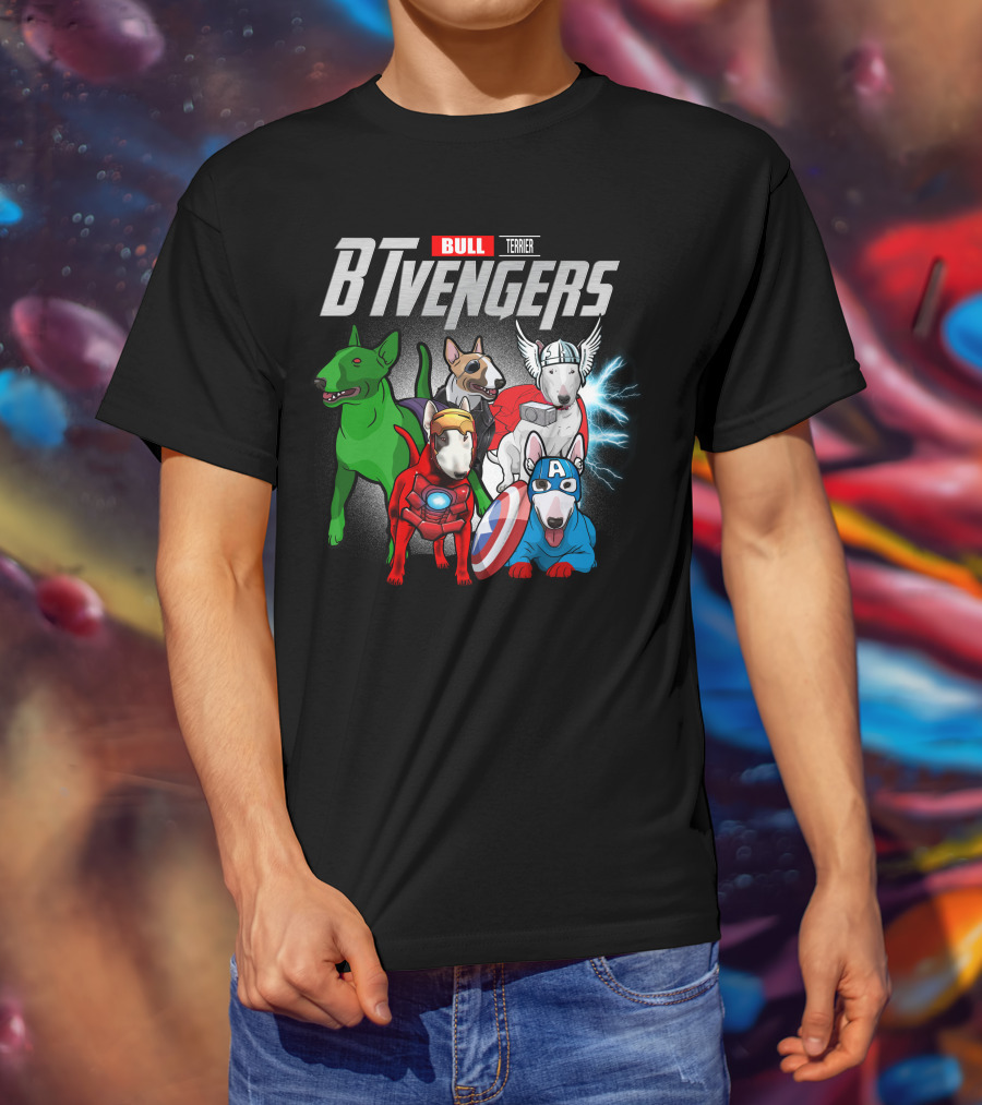 Bull Terrier BTvengers Superhero Dogs Ensemble T-Shirt