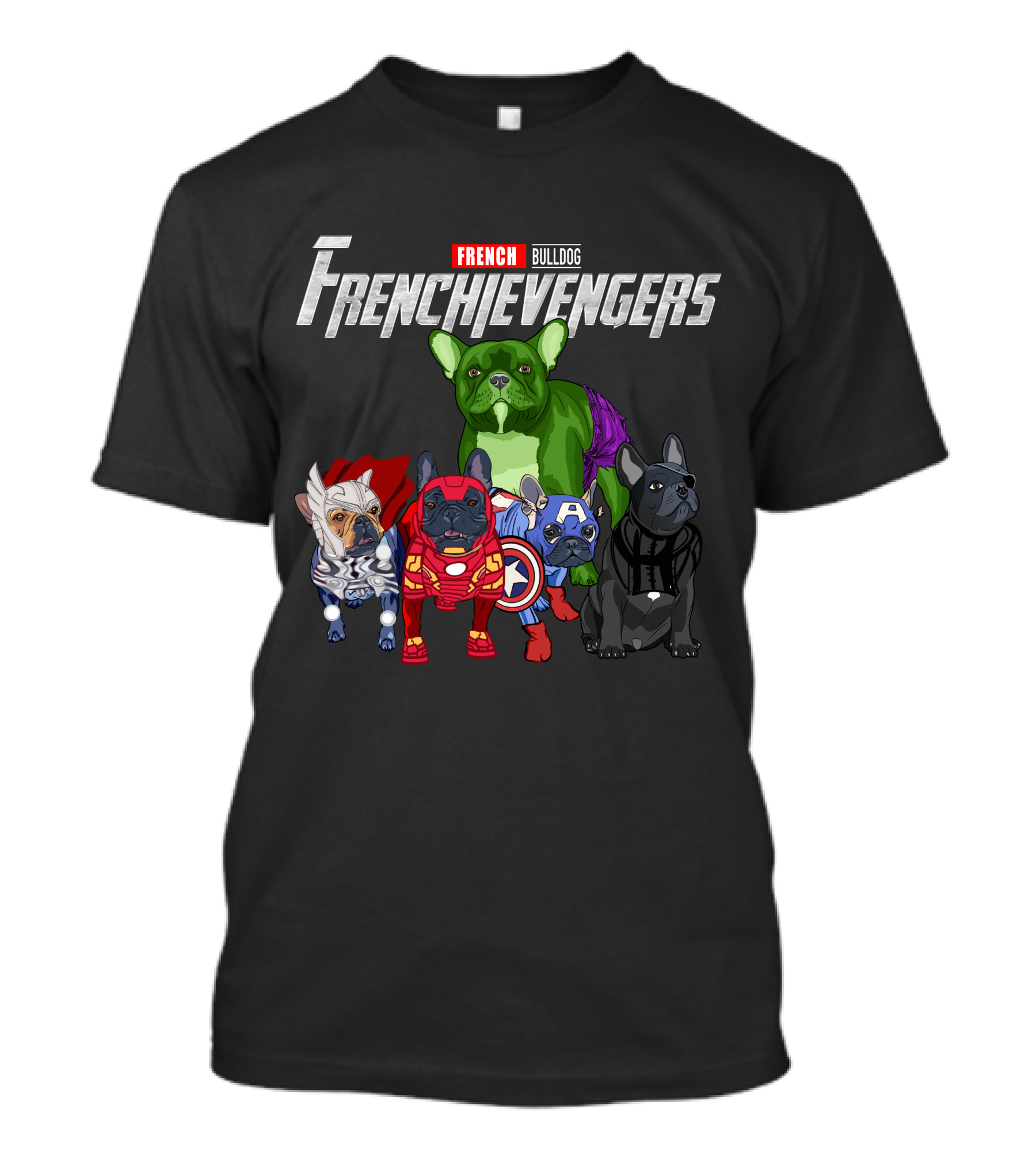 FRENCH Bulldog Frenchievengers Comic Heroes Dogs T-Shirt