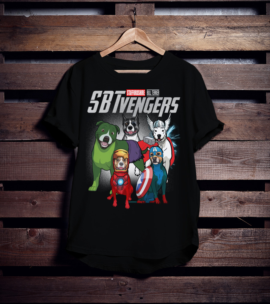 Staffordshire Bull Terrier SBTvengers Superhero Dogs T-Shirt