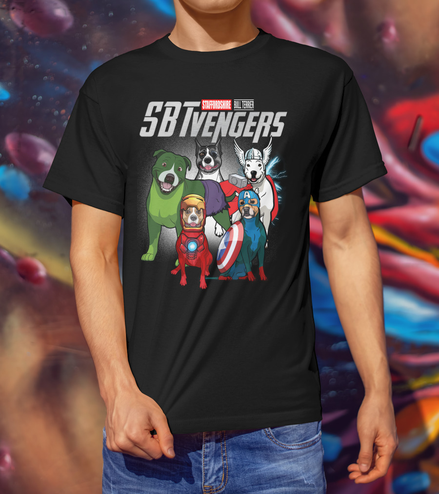 Staffordshire Bull Terrier SBTvengers Superhero Dogs T-Shirt