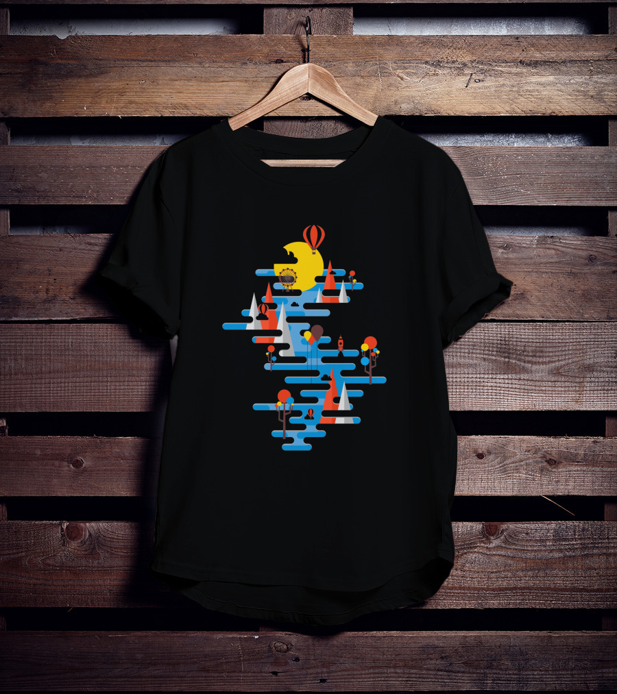 A Beautiful Day Hot Air Balloons Sailing Sun And Geometric Landscape T-Shirt