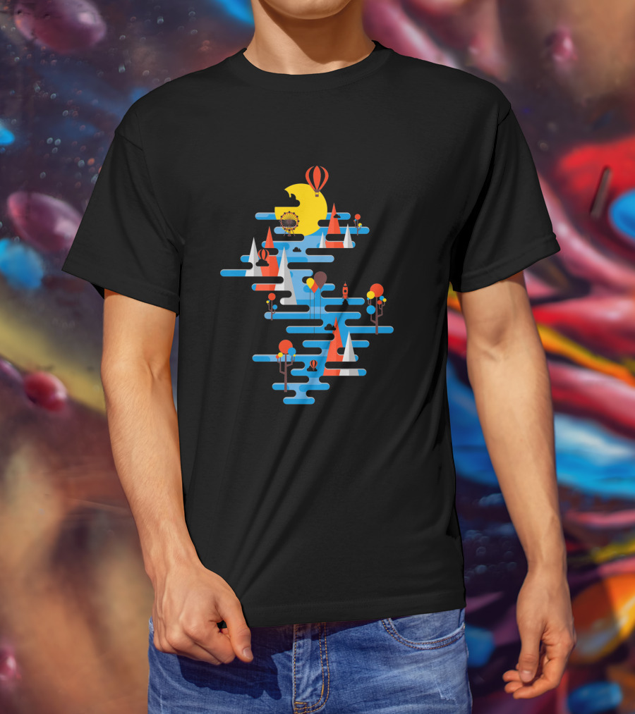A Beautiful Day Hot Air Balloons Sailing Sun And Geometric Landscape T-Shirt