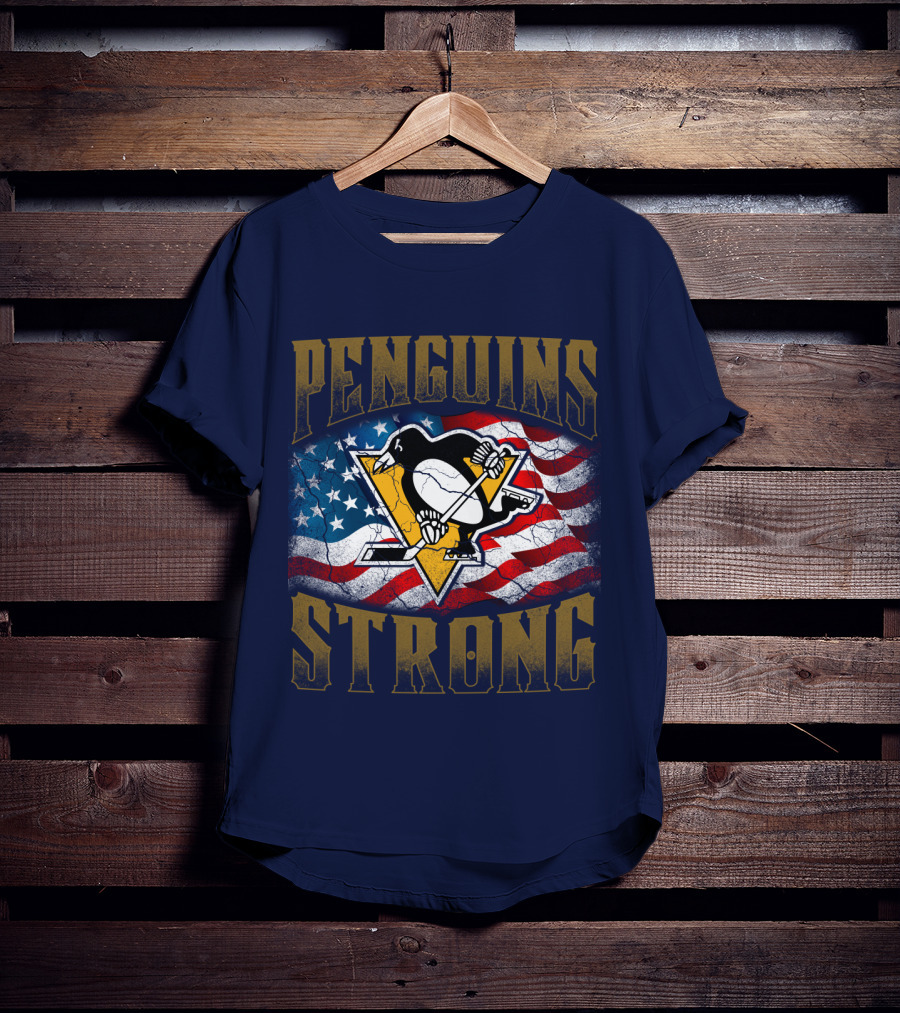 Penguins Strong American Flag Hockey T-Shirt