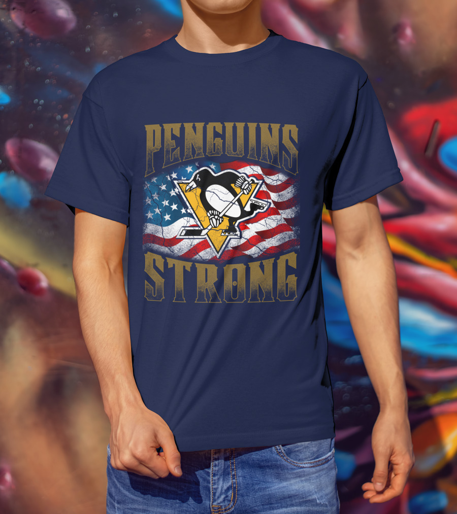 Penguins Strong American Flag Hockey T-Shirt