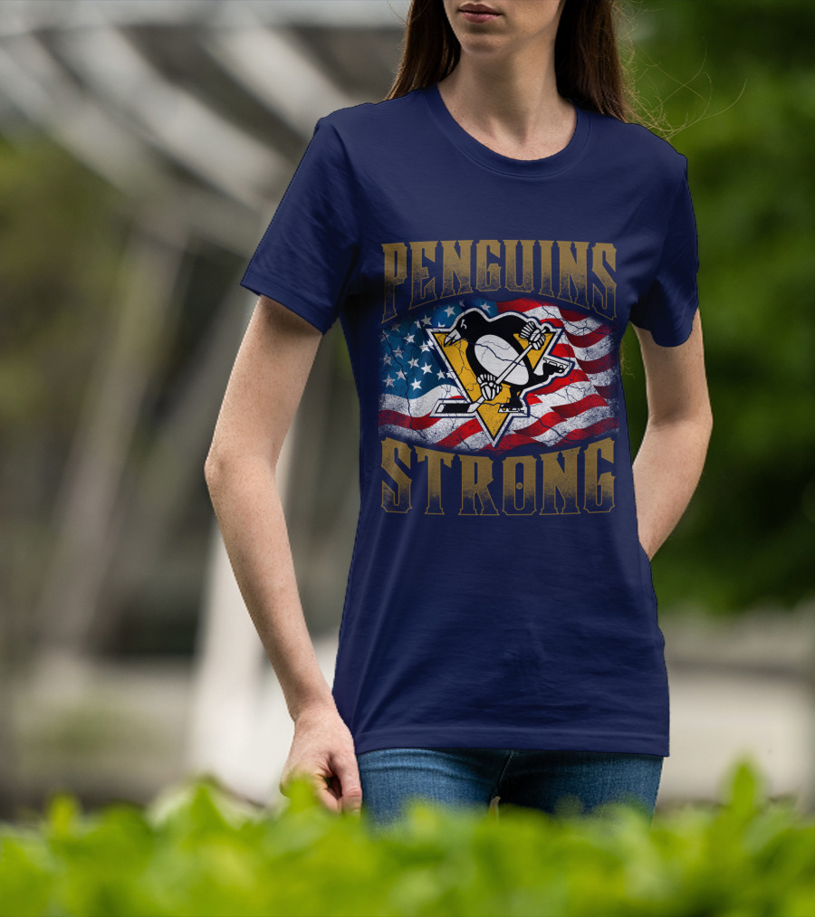 Penguins Strong American Flag Hockey T-Shirt