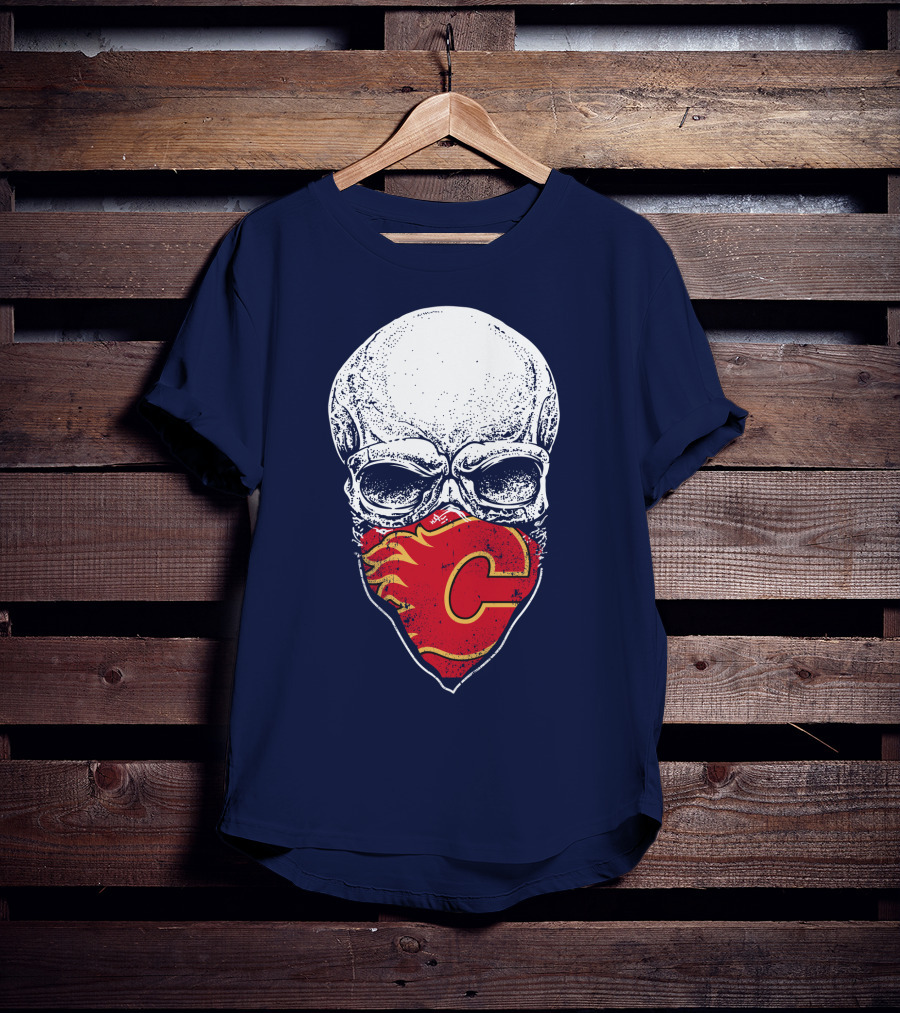 Skull With Calgary Flames Logo Facemask T-Shirt