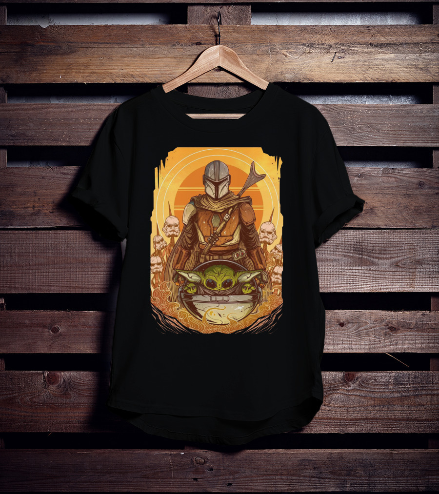Mandalorian And Baby Yoda With Stormtroopers And Orange Sunset Scene T-Shirt