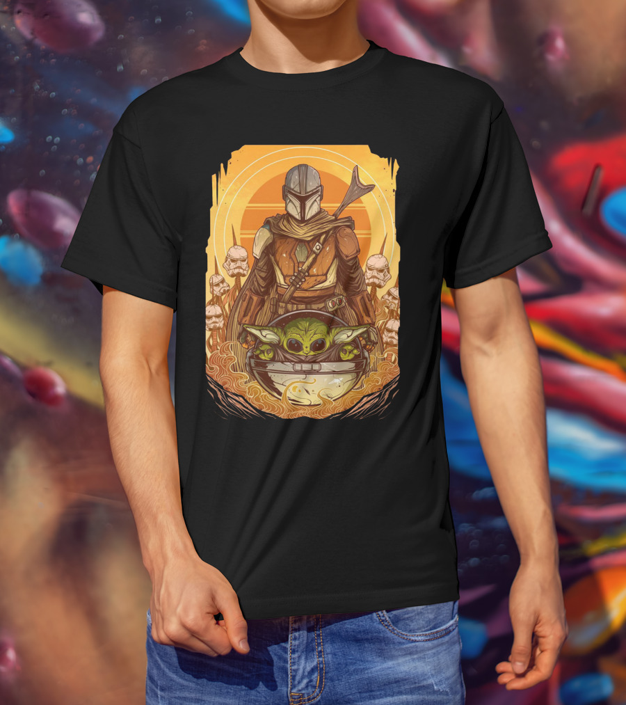 Mandalorian And Baby Yoda With Stormtroopers And Orange Sunset Scene T-Shirt