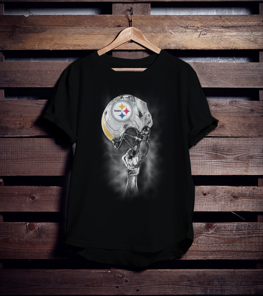 Pittsburgh Steelers Metallic Football Helmet With Steelworker’s Arm Raised High T-Shirt