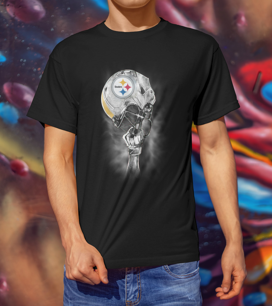 Pittsburgh Steelers Metallic Football Helmet With Steelworker’s Arm Raised High T-Shirt